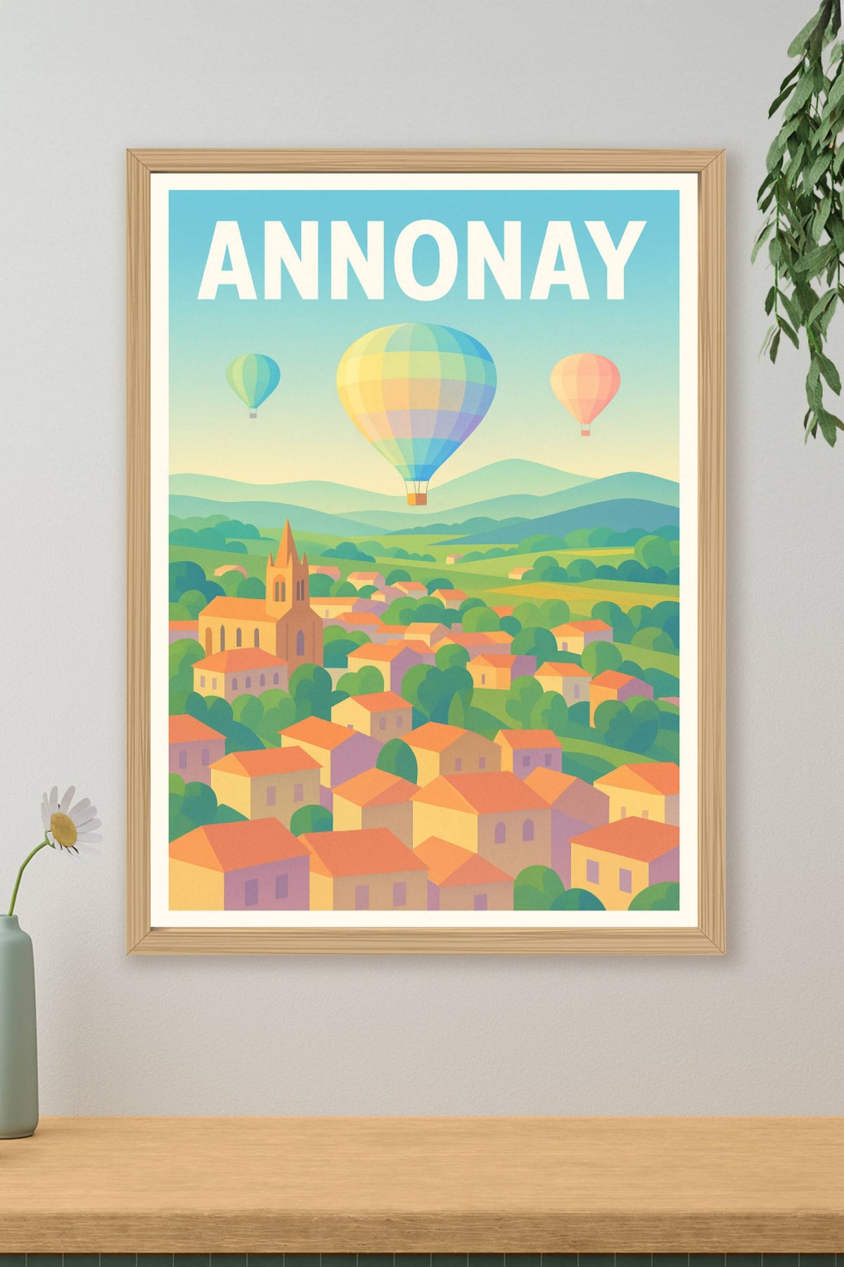 Affiche de Annonay - Vue aérienne et montgolfières colorées