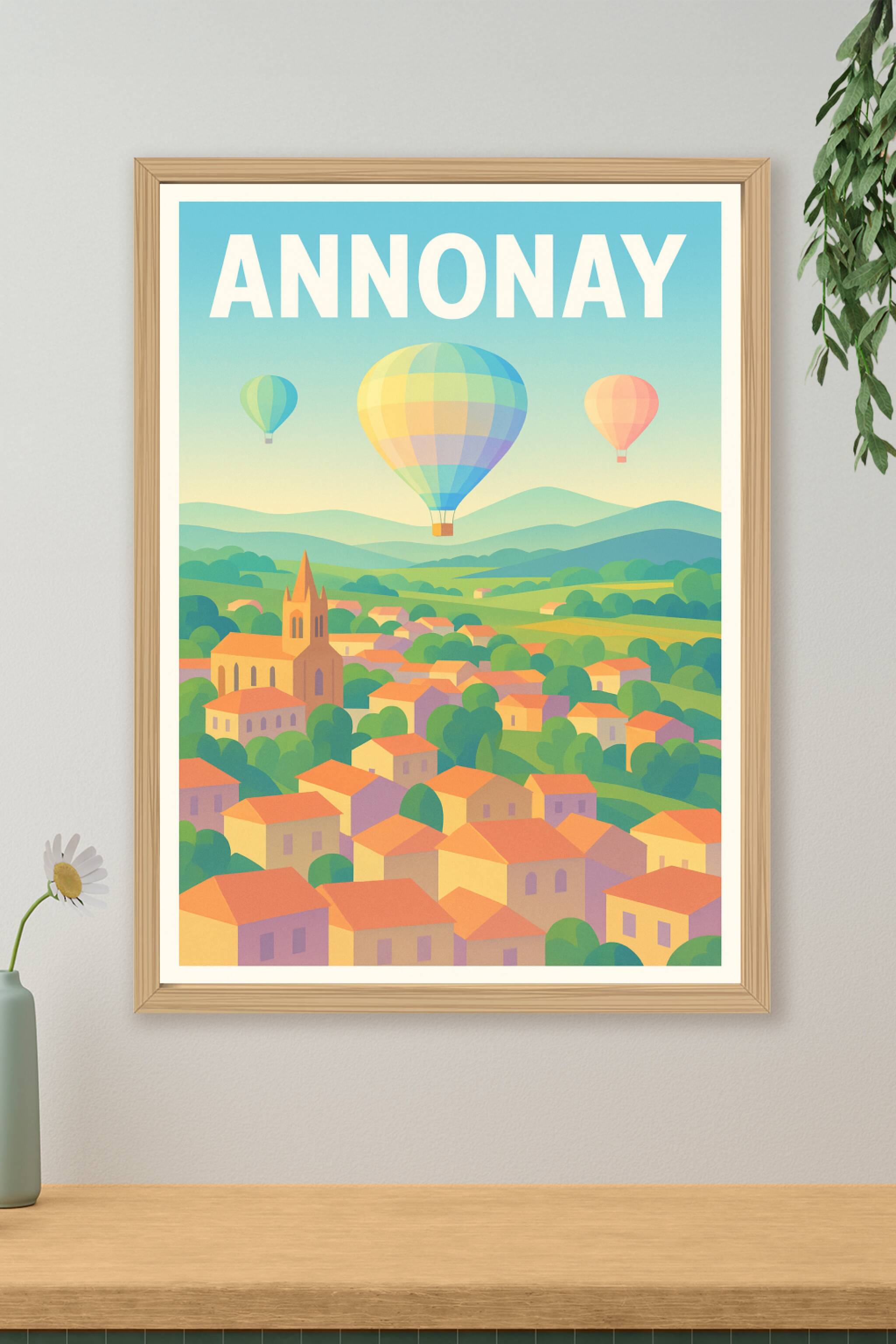 Affiche de Annonay - Vue aérienne et montgolfières colorées