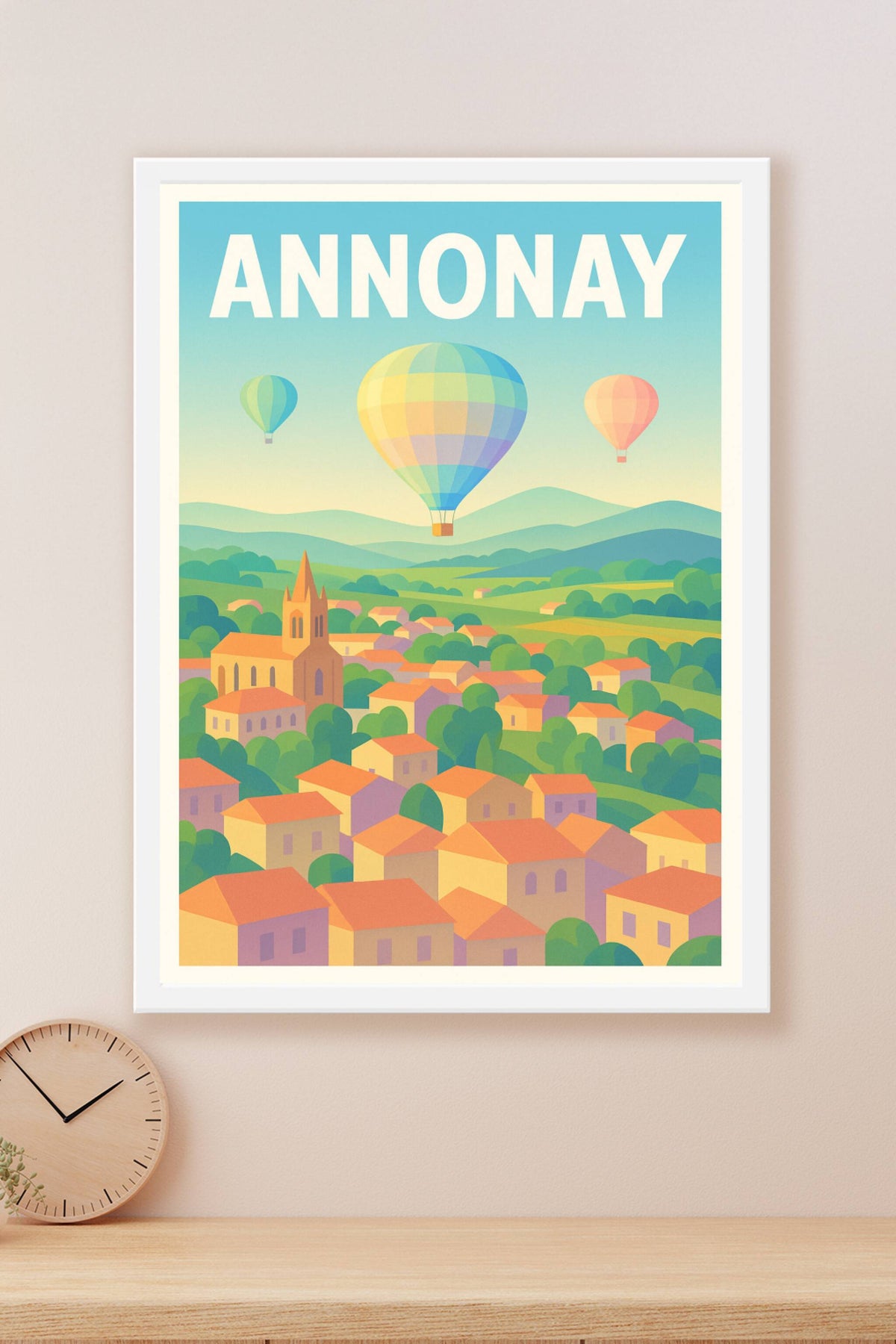 Affiche de Annonay - Vue aérienne et montgolfières colorées