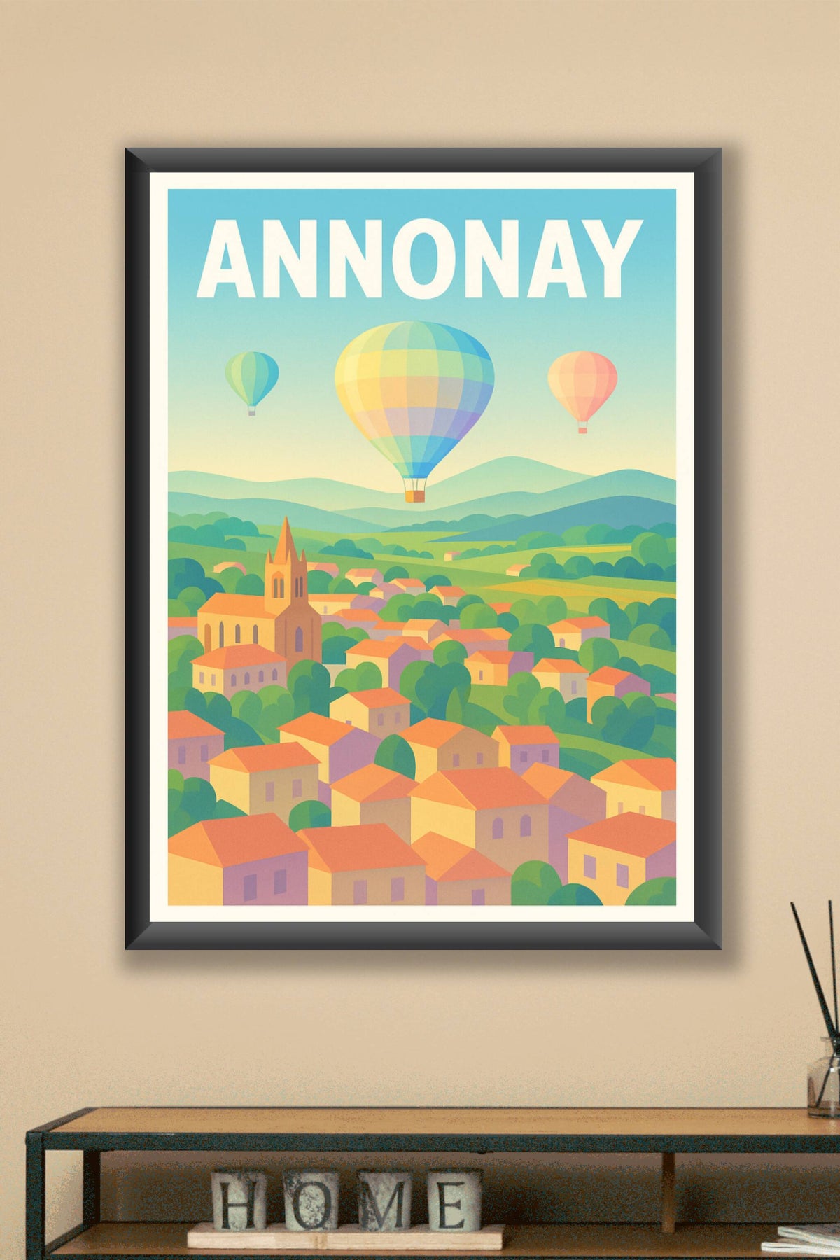 Affiche de Annonay - Vue aérienne et montgolfières colorées