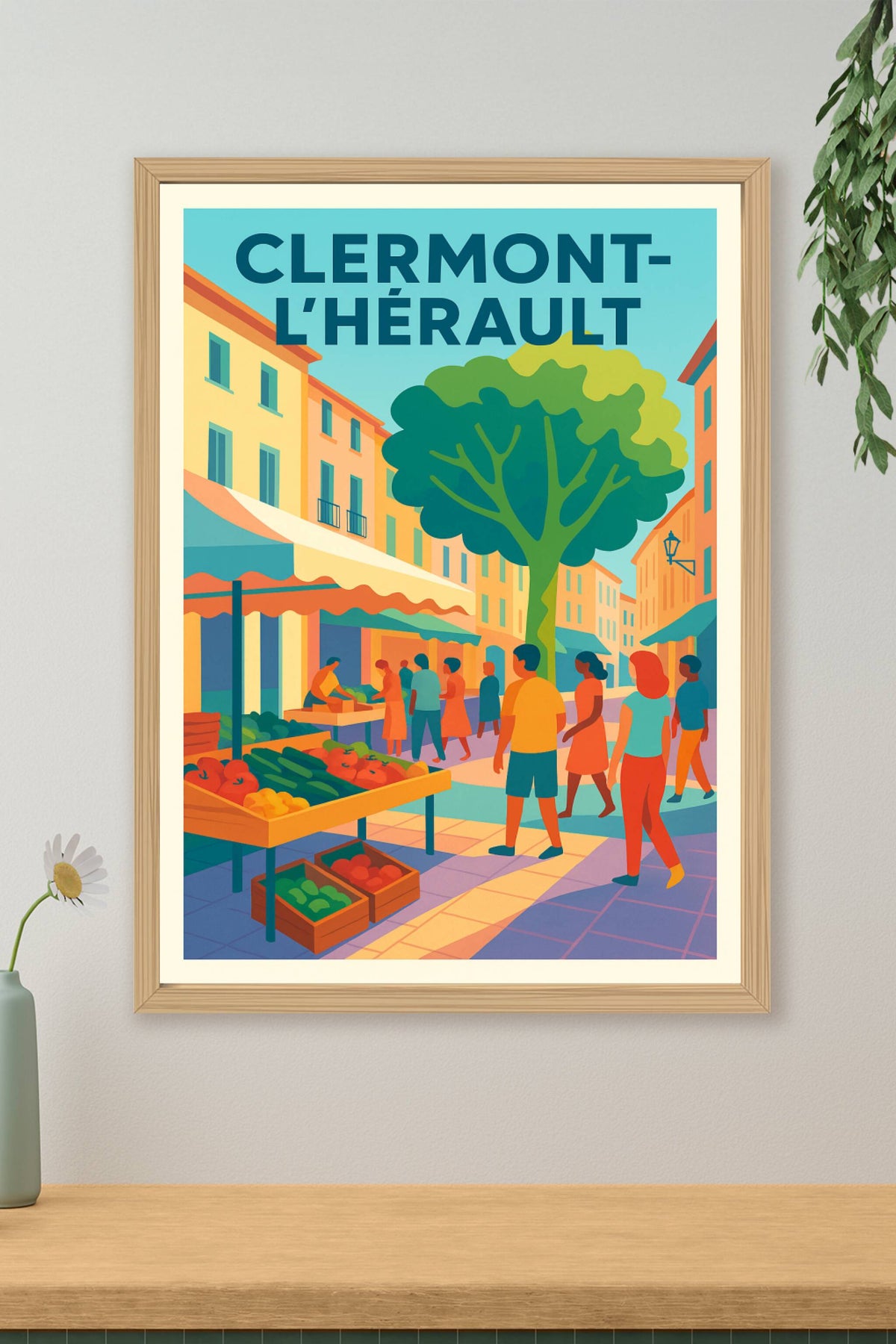 Affiche de Clermont-l'Hérault - Ambiance de marché colorée