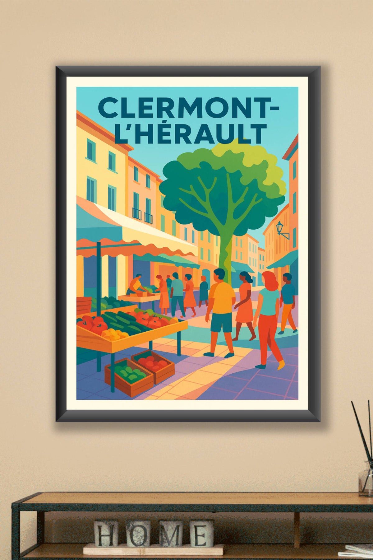 Affiche de Clermont-l'Hérault - Ambiance de marché colorée
