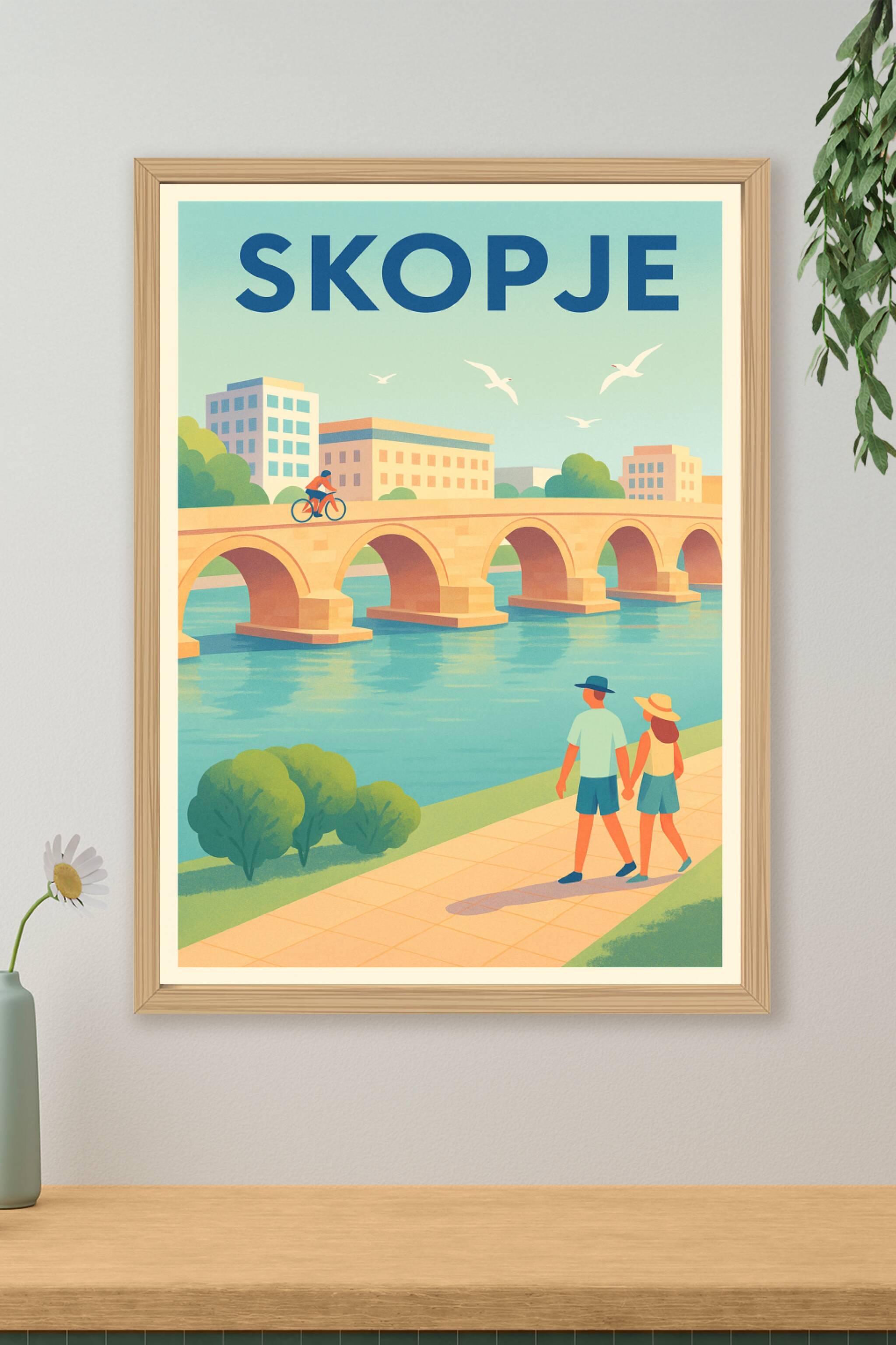 Affiche de Skopje - Promenade estivale au bord de la rivière