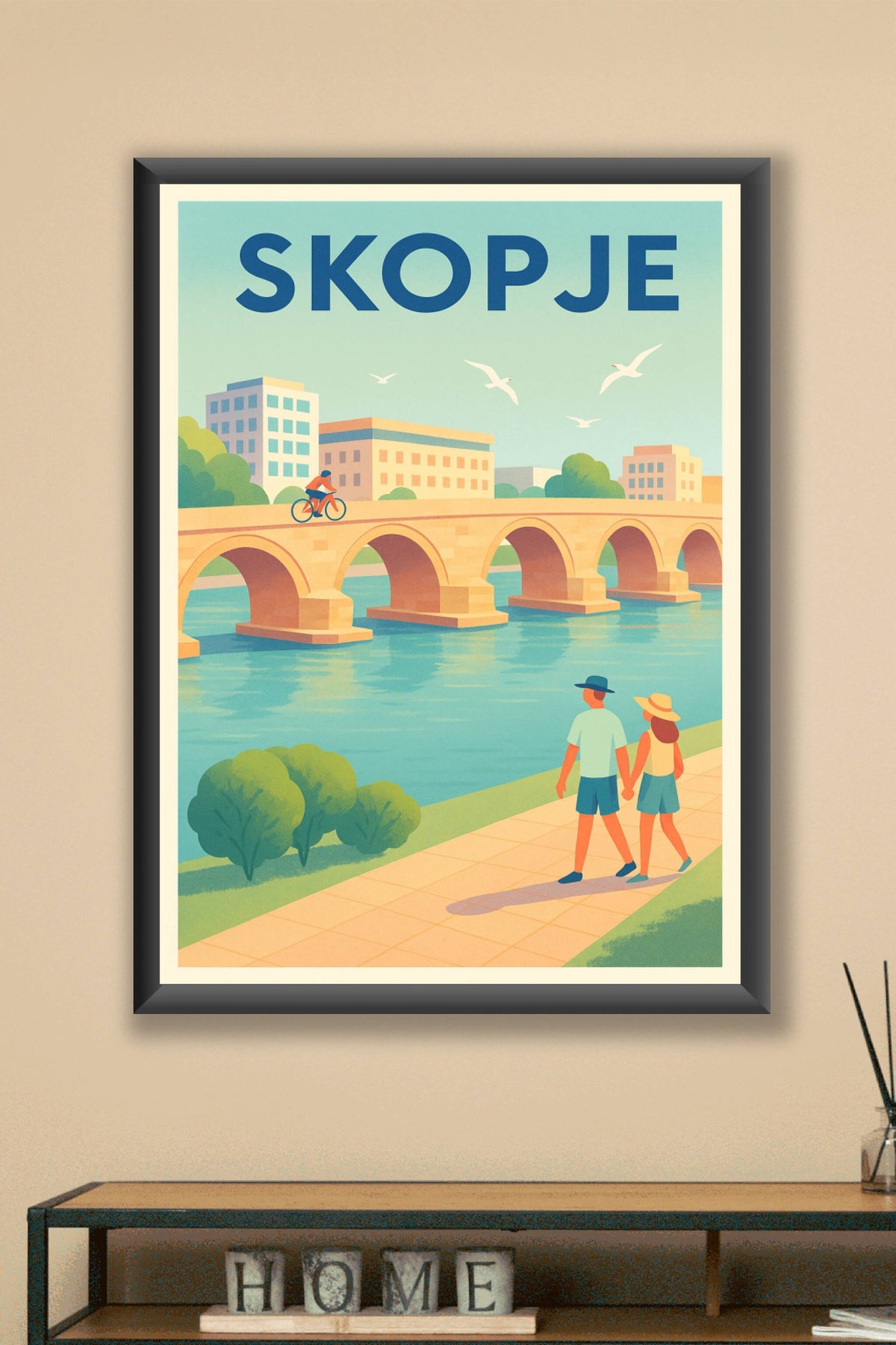 Affiche de Skopje - Promenade estivale au bord de la rivière