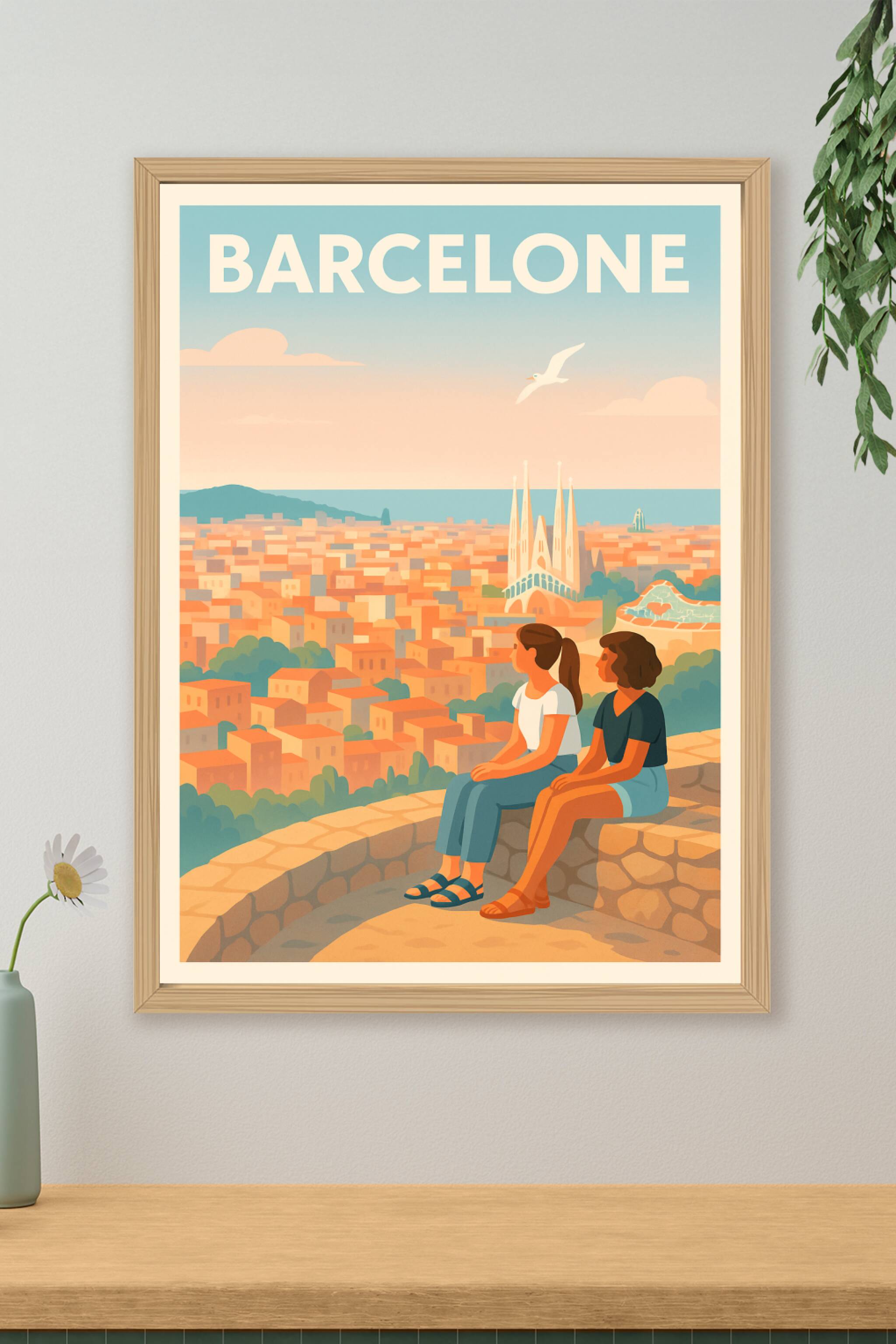 Affiche de Barcelone - Vue panoramique au coucher du soleil