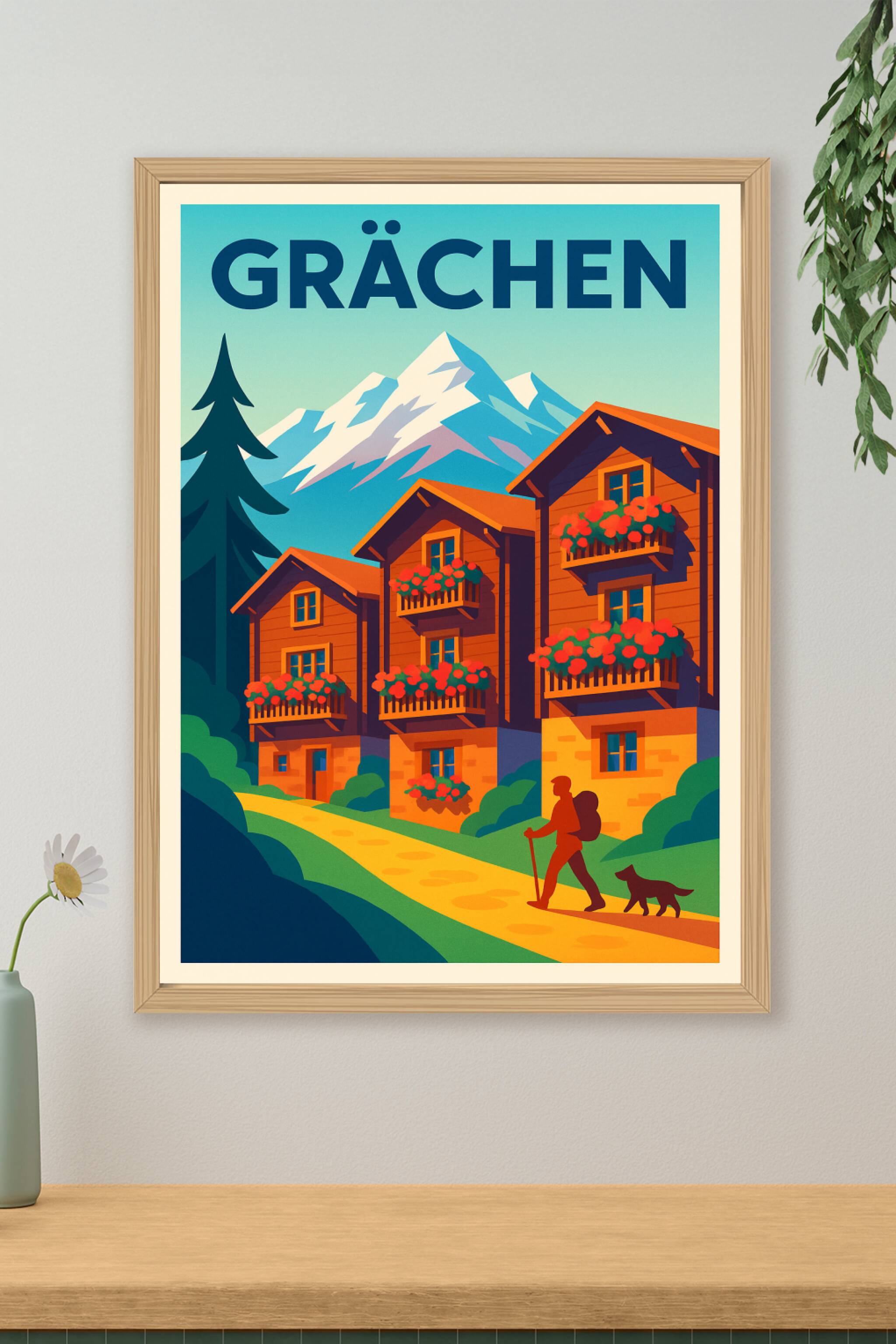 Affiche de Grächen - Évasion alpine au cœur des chalets fleuris