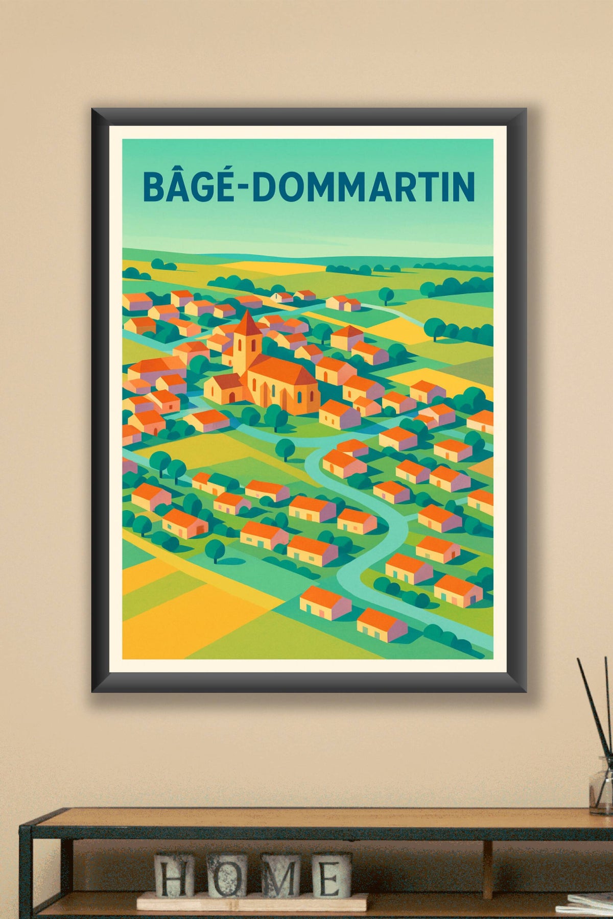 Affiche de Bâgé-Dommartin - Vue colorée et bucolique du village