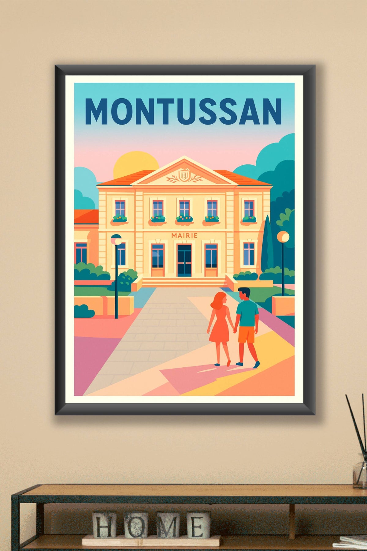 Affiche de Montussan - Le charme authentique de la mairie au coucher du soleil