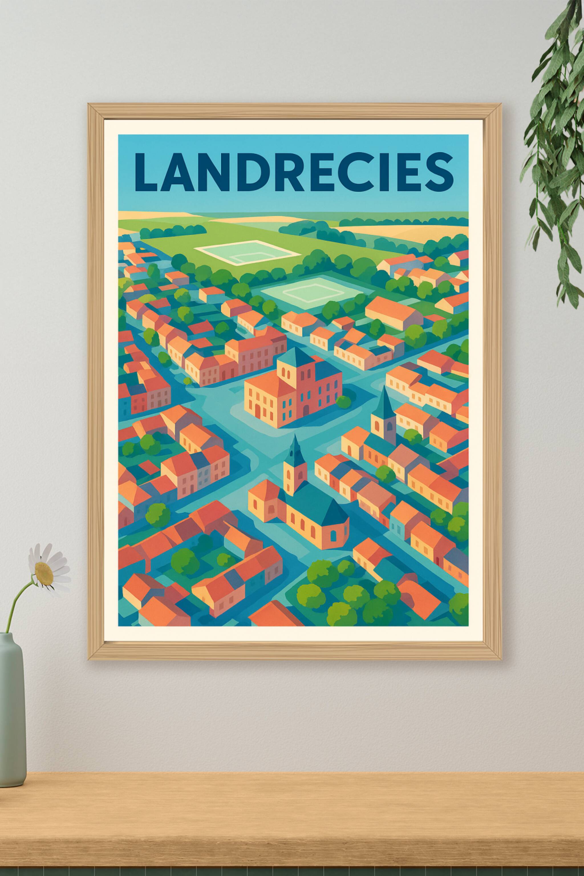Affiche de Landrecies - Vue aérienne colorée de la cité historique