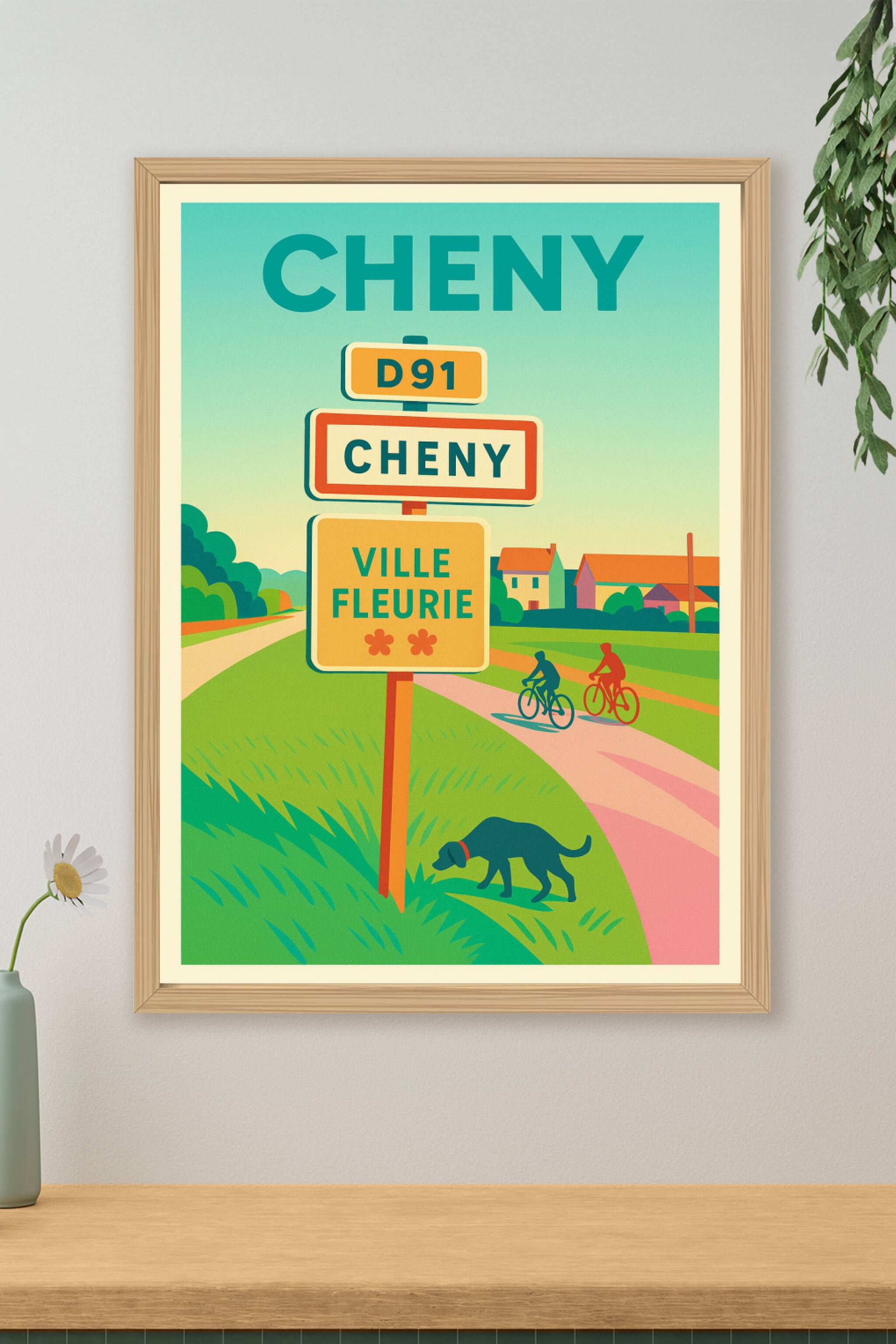 Affiche de Cheny - Panneau de ville fleurie et promenade bucolique
