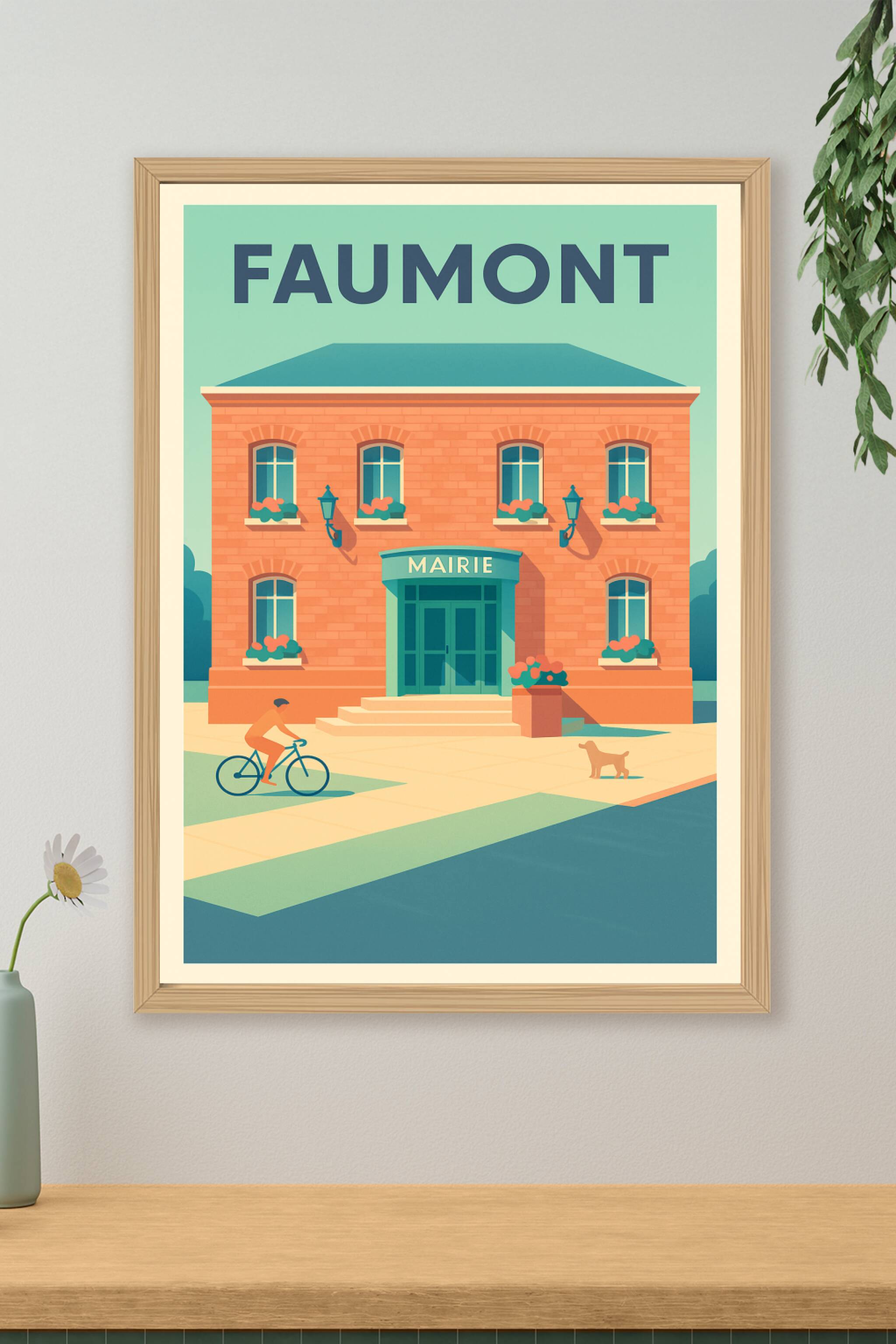 Affiche de Faumont - Charme paisible de la mairie en illustration vintage