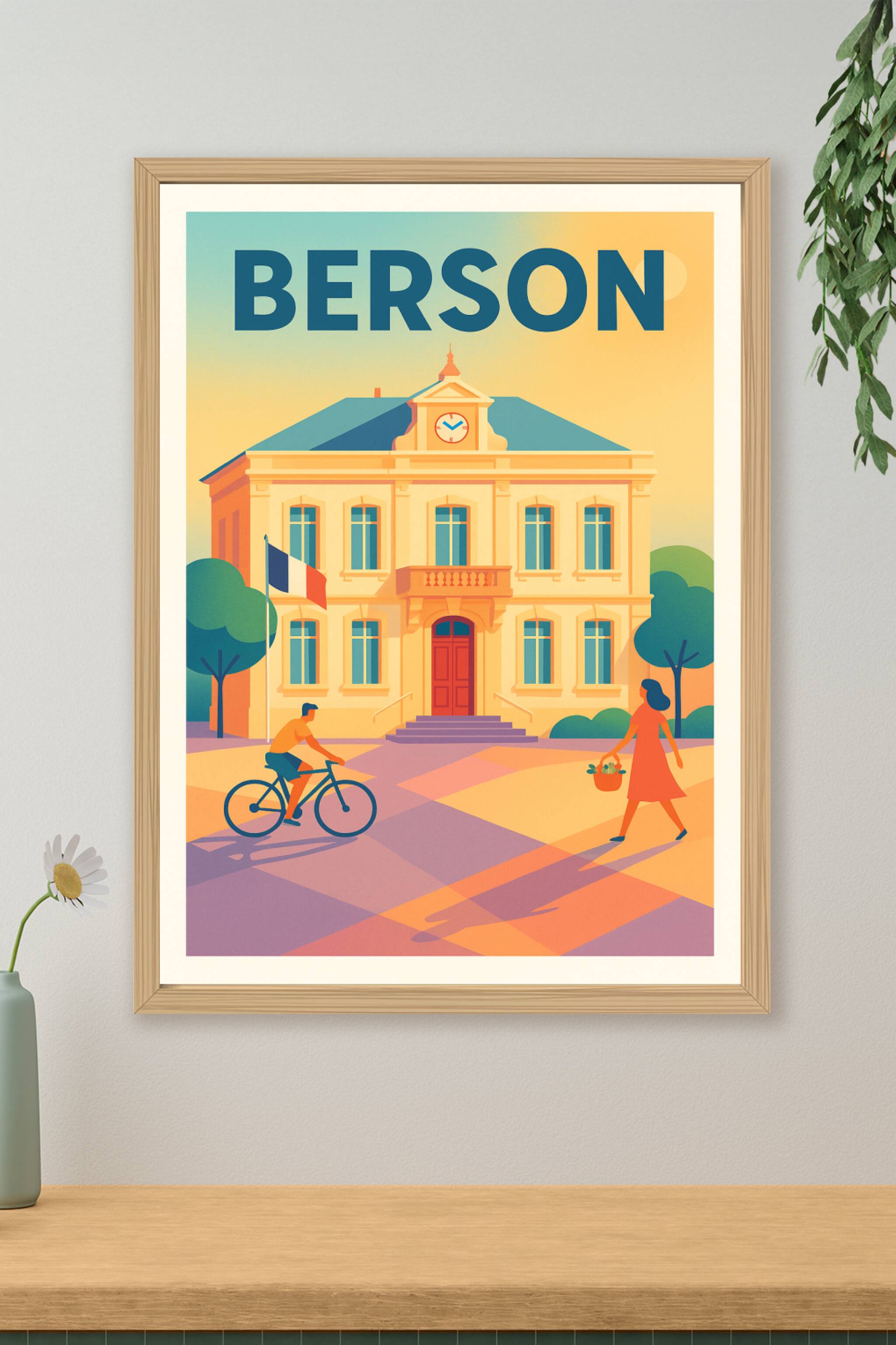 Affiche de Berson - L'élégance tranquille de la mairie au soleil couchant