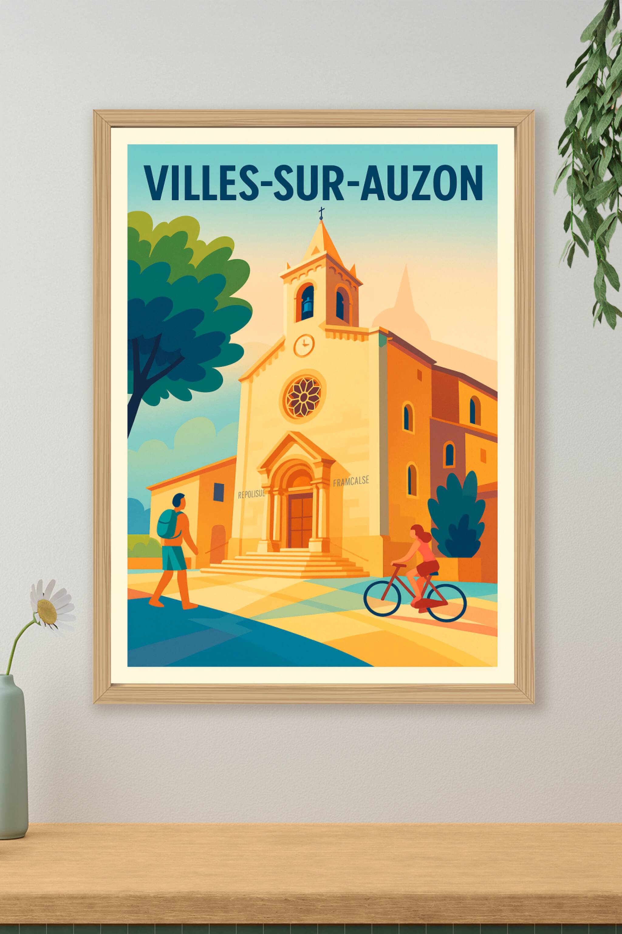 Affiche de Villes-sur-Auzon - L'église au cœur du village en lumière dorée