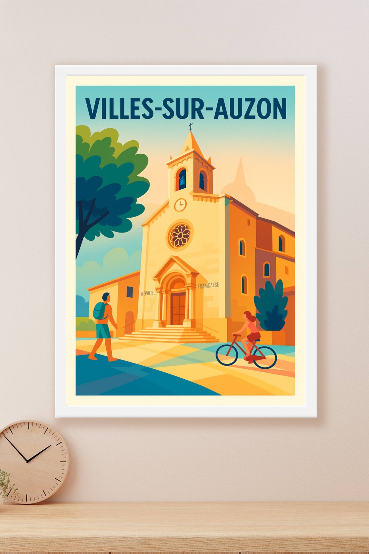 Affiche de Villes-sur-Auzon - L'église au cœur du village en lumière dorée