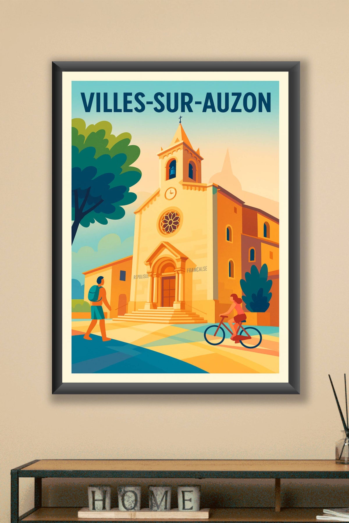 Affiche de Villes-sur-Auzon - L'église au cœur du village en lumière dorée