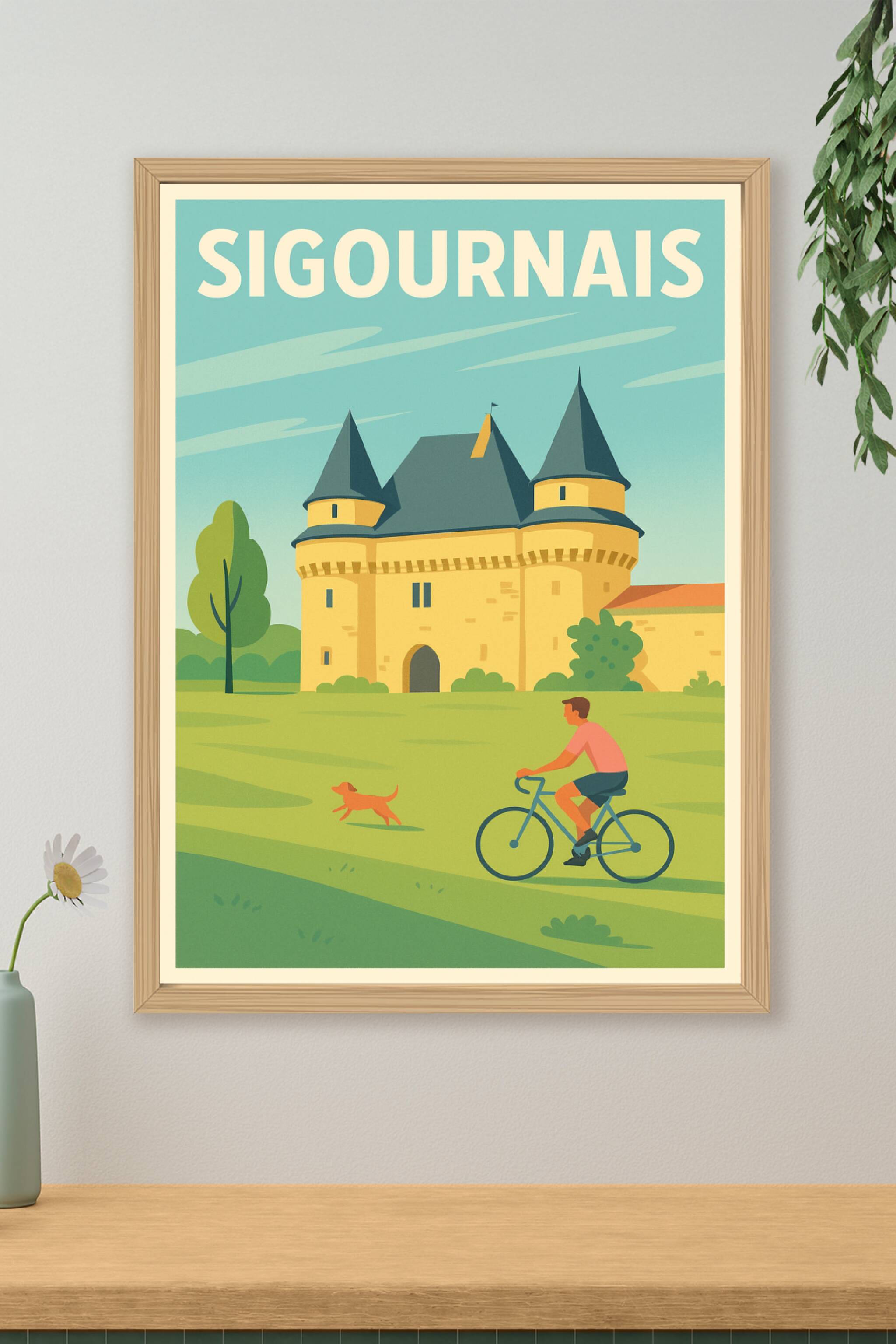 Affiche de Sigournais - L'élégance à vélo dans un cadre historique