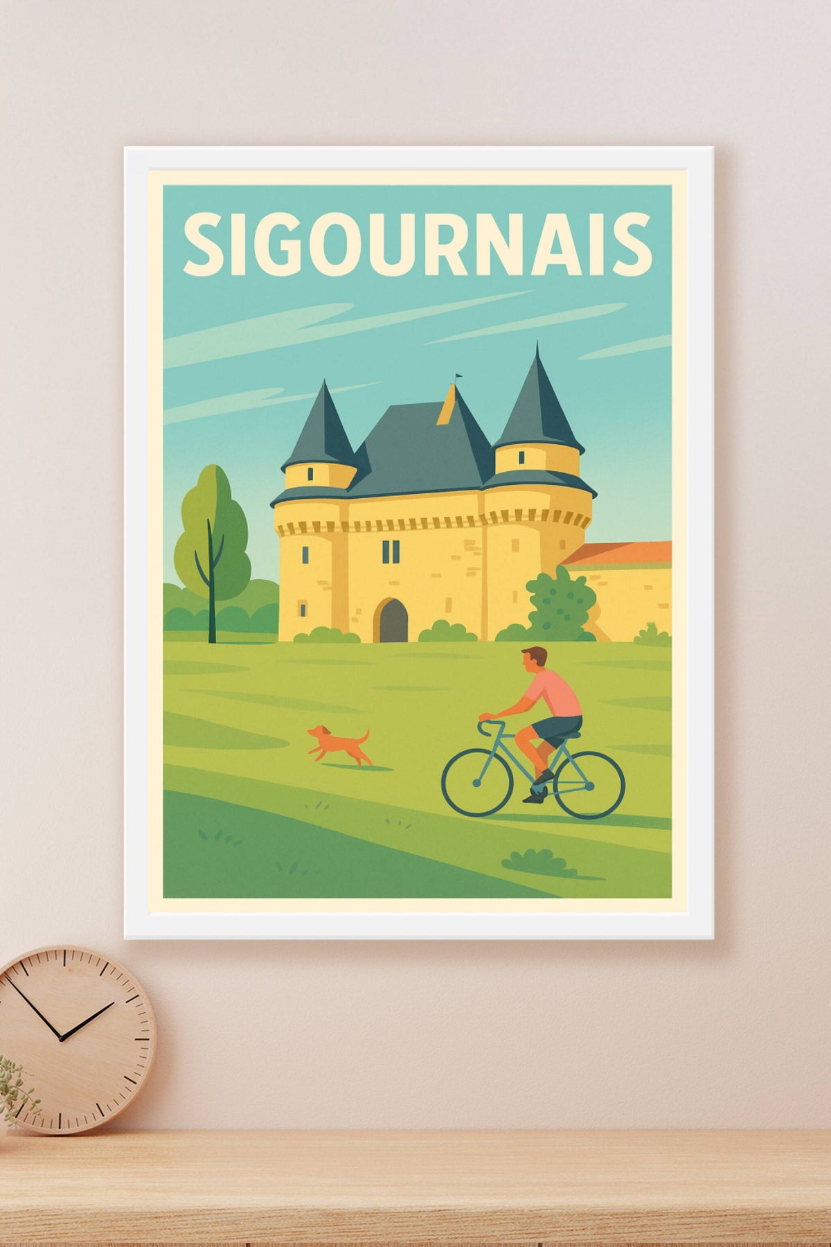 Affiche de Sigournais - L'élégance à vélo dans un cadre historique