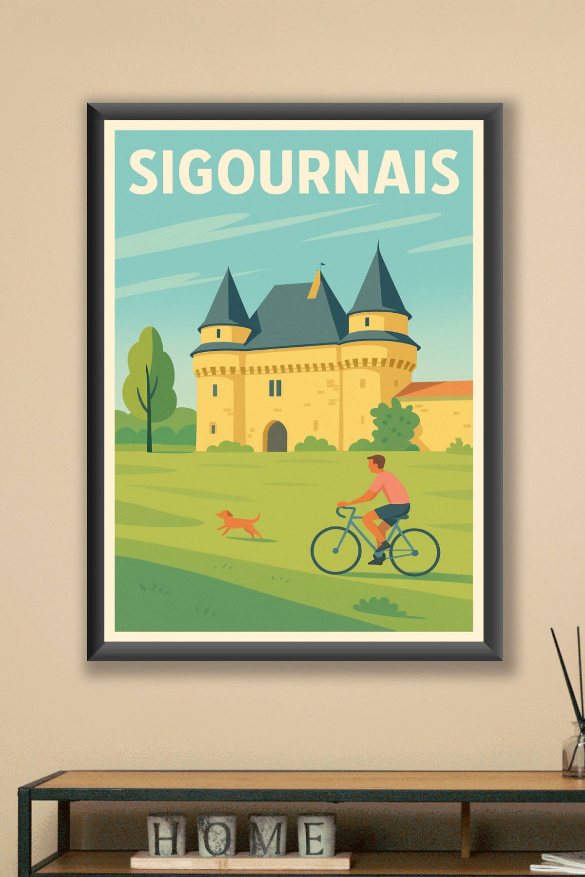 Affiche de Sigournais - L'élégance à vélo dans un cadre historique