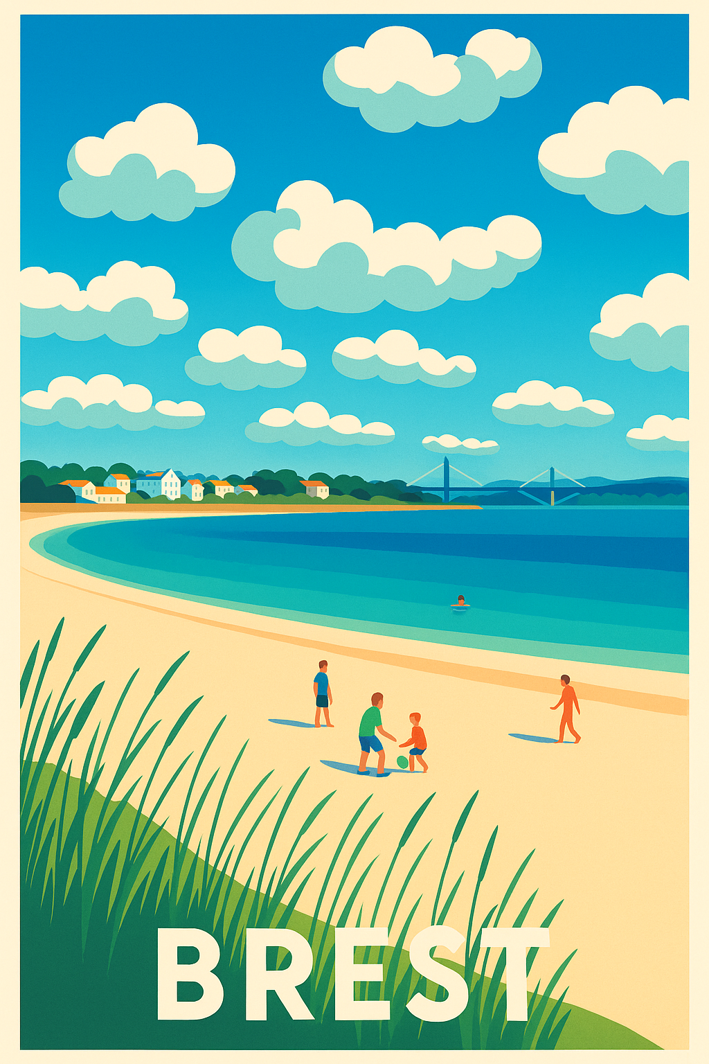 Affiche Brest - Plage et ciel azur en bord de mer