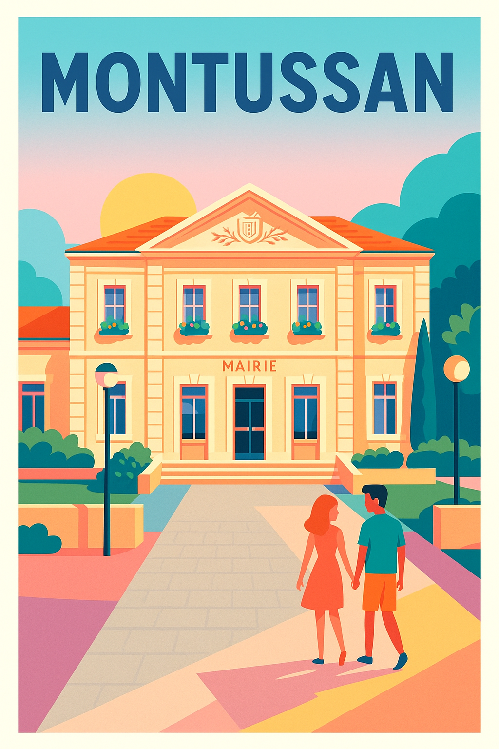 Affiche de Montussan - Le charme authentique de la mairie au coucher du soleil