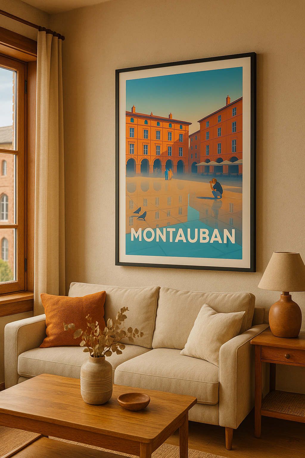 Mise en situation Affiche Montauban - Reflets et lumière dans la place d'eau