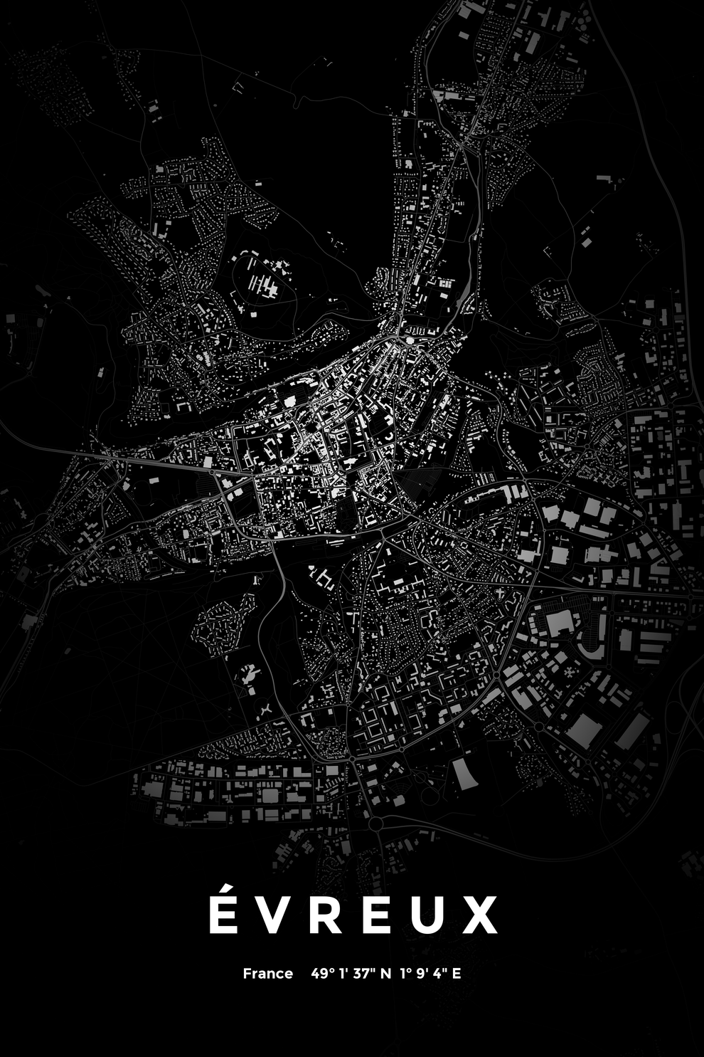 Carte d'Évreux nuit - Affiche personnalisée