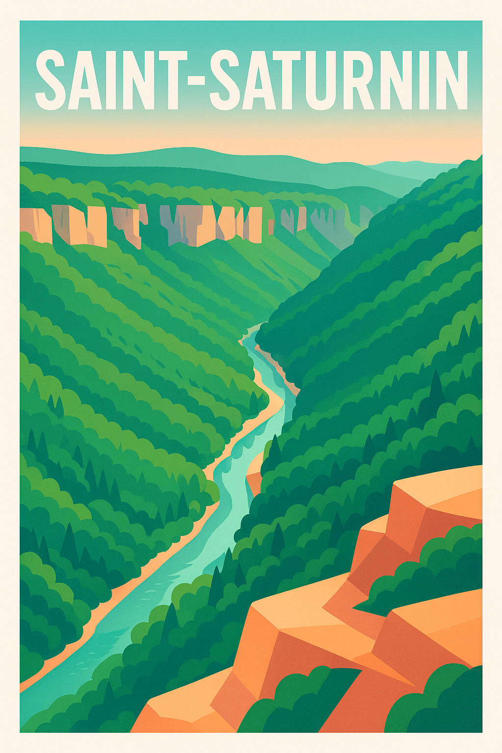 Affiche Saint-Saturnin — Évasion au cœur des gorges verdoyantes · poster d'art de Saint-Saturnin