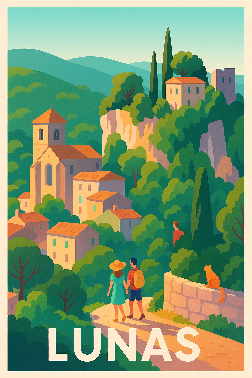 Affiche Lunas — Évasion au cœur du village perché · poster d'art de Lunas