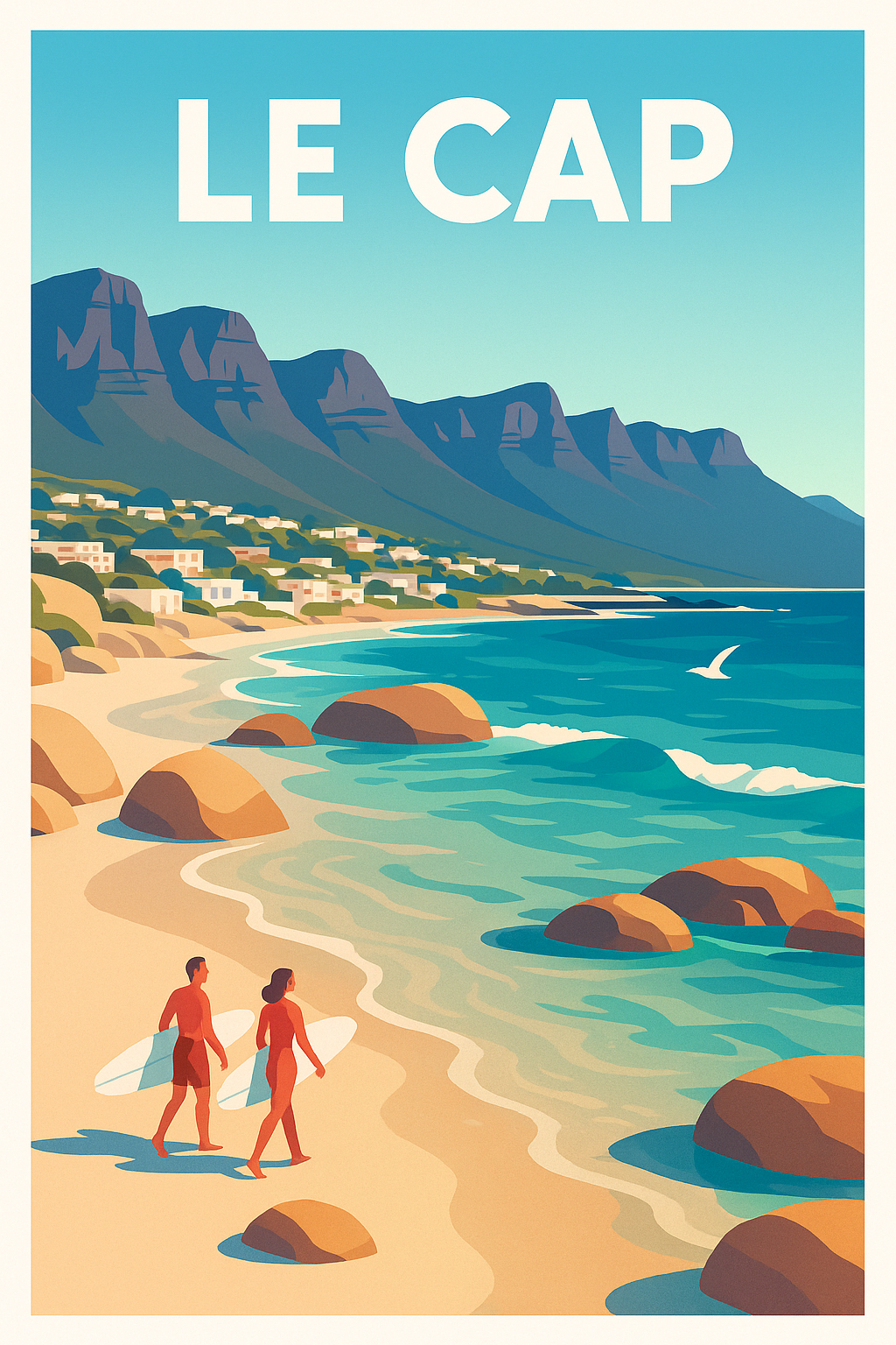 Affiche de Le Cap - Horizon sur la plage et montagnes emblématiques