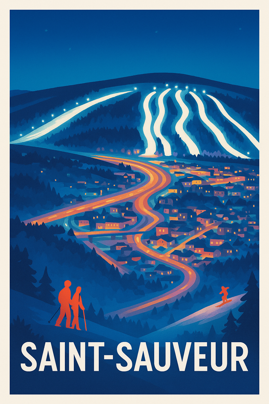 Affiche Saint-Sauveur — Nuit magique sur les pistes enneigées · poster d'art de Saint-Sauveur