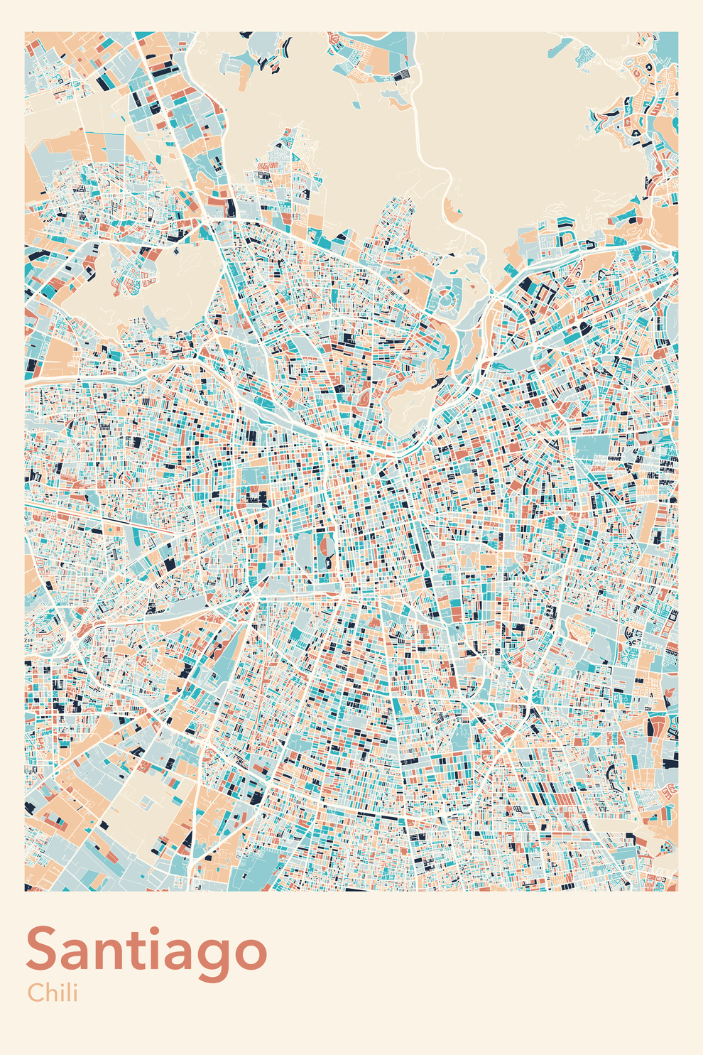 Plan de Santiago coloré - Carte personnalisée