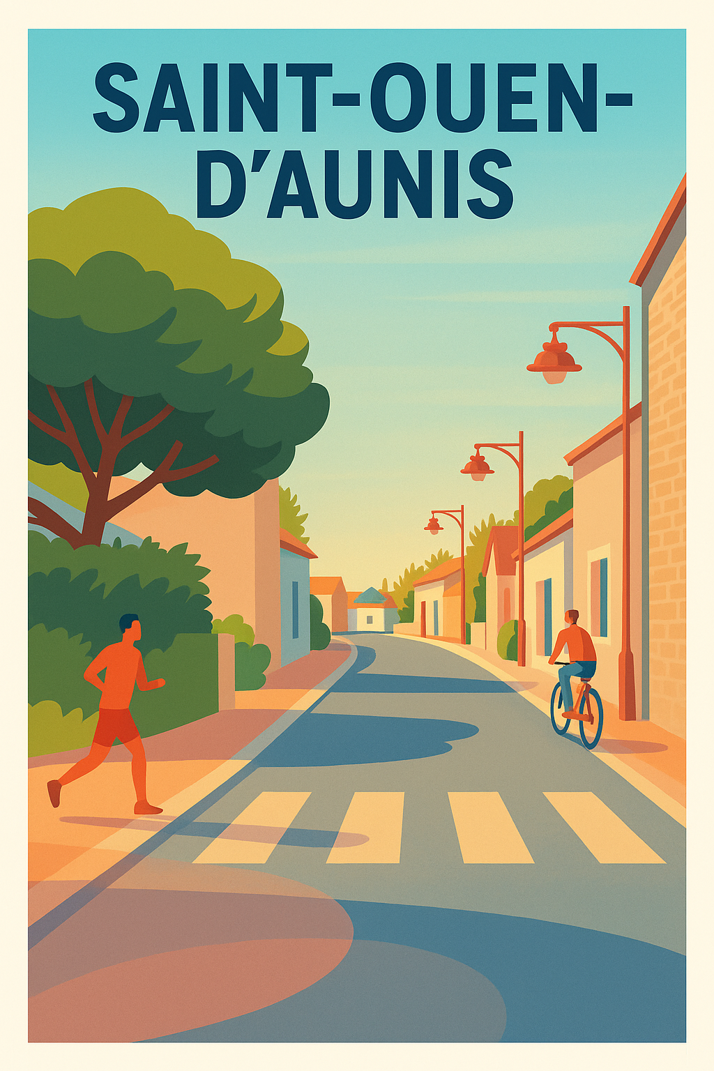 Affiche de Saint-Ouen-d'Aunis - Charme d'une rue paisible au soleil couchant