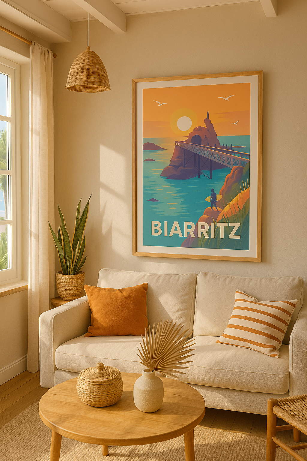 Mise en situation Affiche Biarritz - L'Esprit Surf au Coucher du Soleil