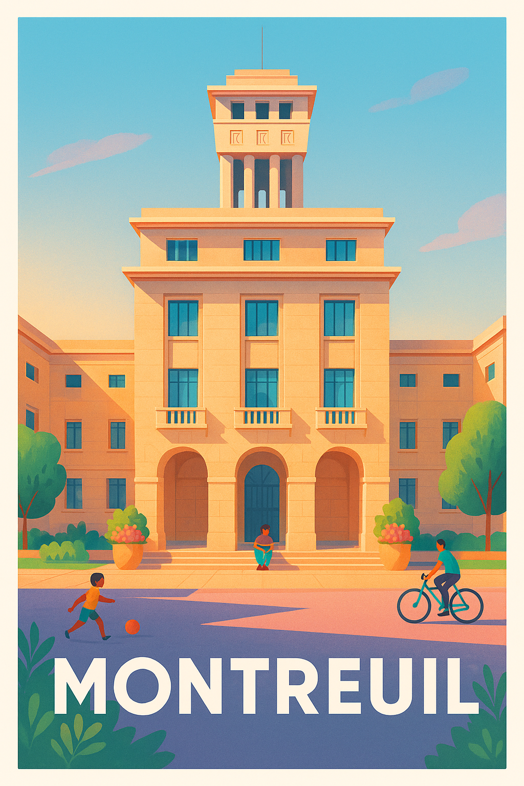 Affiche Montreuil - Architecture et vie urbaine ensoleillée