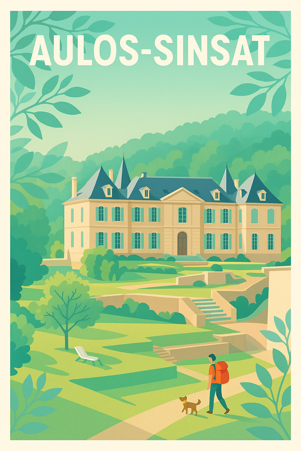 Affiche Aulos-Sinsat — Promenade bucolique au château · poster d'art de Aulos-Sinsat
