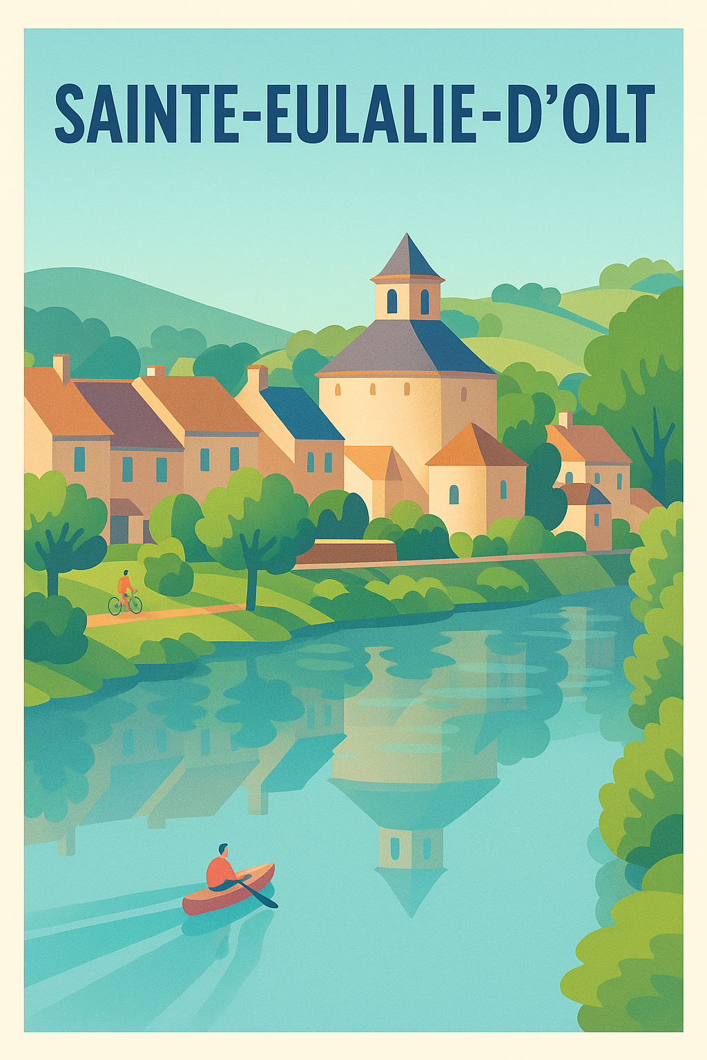 Affiche Sainte-Eulalie-d'Olt — Havre de paix au fil de l'eau · poster d'art de Sainte-Eulalie-d'Olt