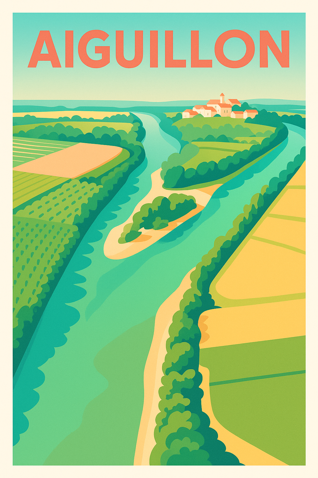Affiche de Aiguillon - Panorama bucolique entre rivière et campagne