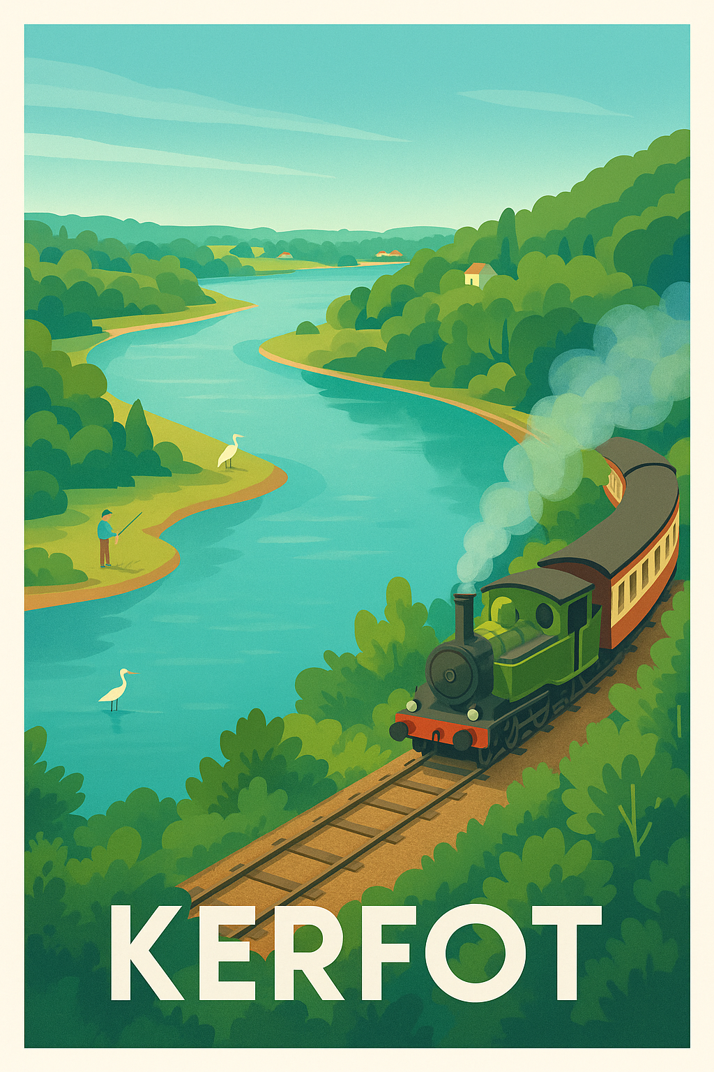 Affiche Kerfot — Voyage bucolique au fil du train et de la rivière · poster d'art de Kerfot