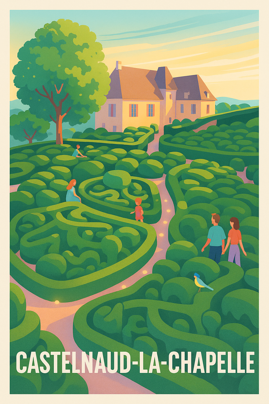 Affiche Castelnaud-la-Chapelle — L'émerveillement du jardin labyrinthique · poster d'art de Castelnaud-la-Chapelle