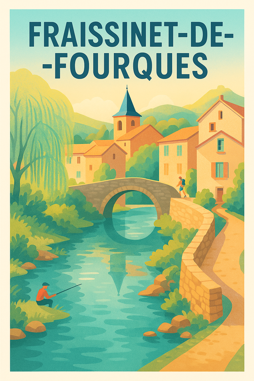 Affiche Fraissinet-de-Fourques — Charme paisible du village au bord de l'eau · poster d'art de Fraissinet-de-Fourques