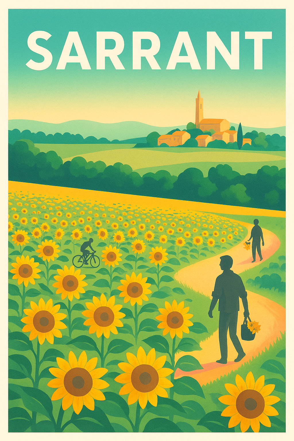 Affiche Sarrant — Promenade au cœur des champs de tournesols · poster d'art de Sarrant