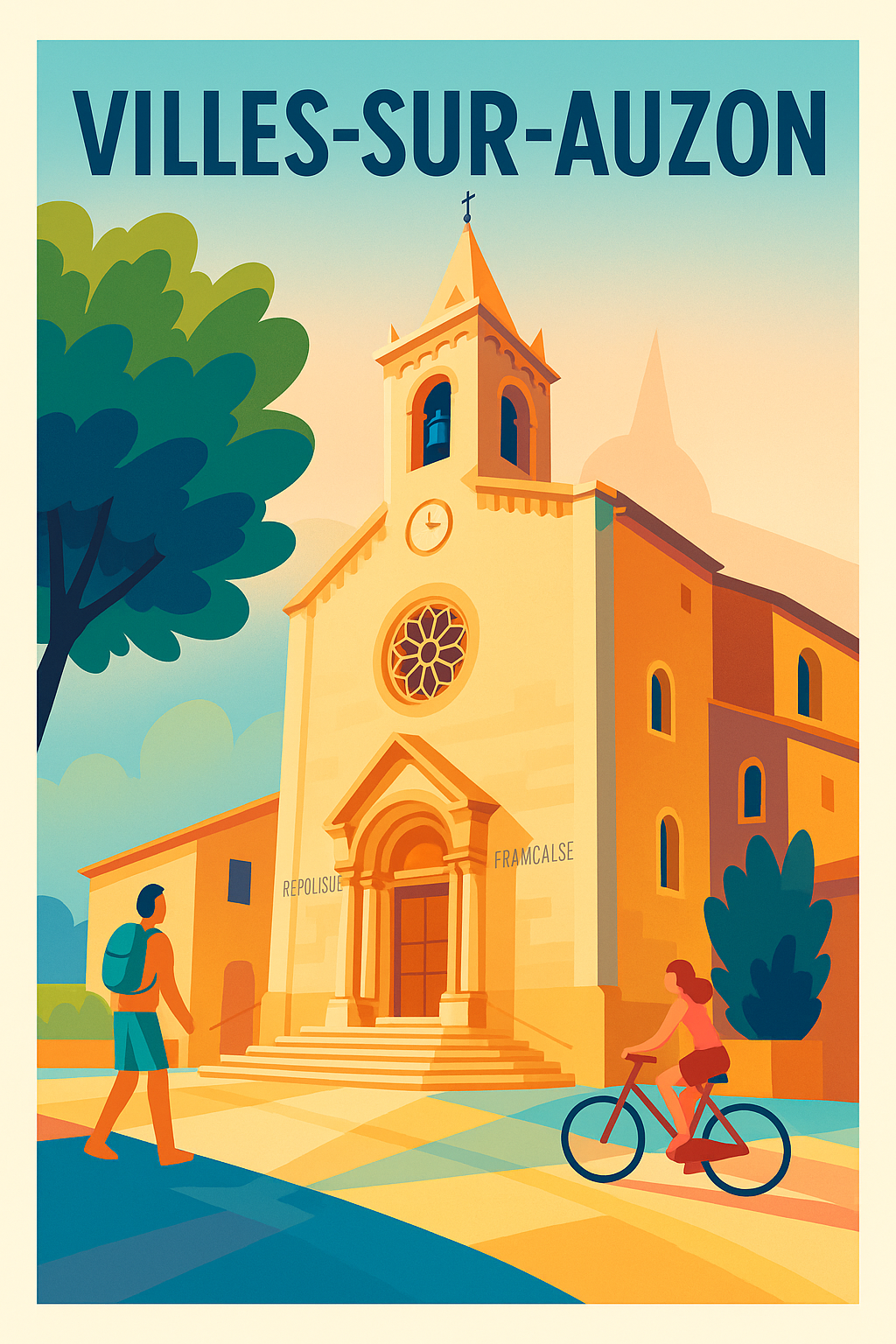 Affiche de Villes-sur-Auzon - L'église au cœur du village en lumière dorée