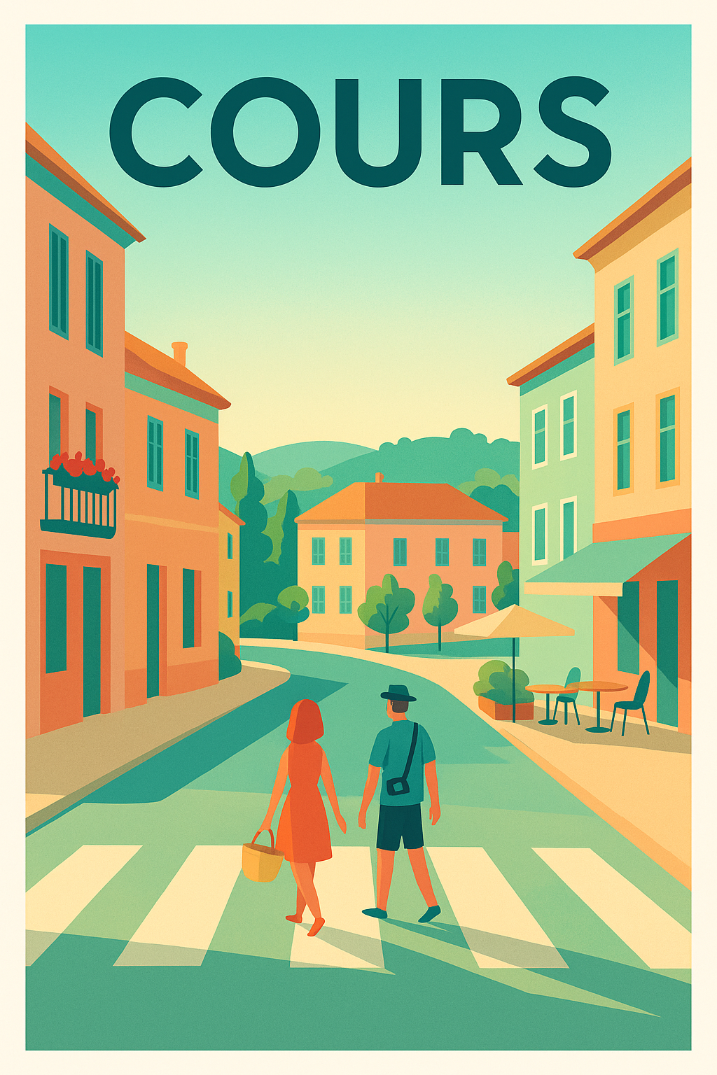 Affiche de Cours - Promenade au cœur d'un village ensoleillé