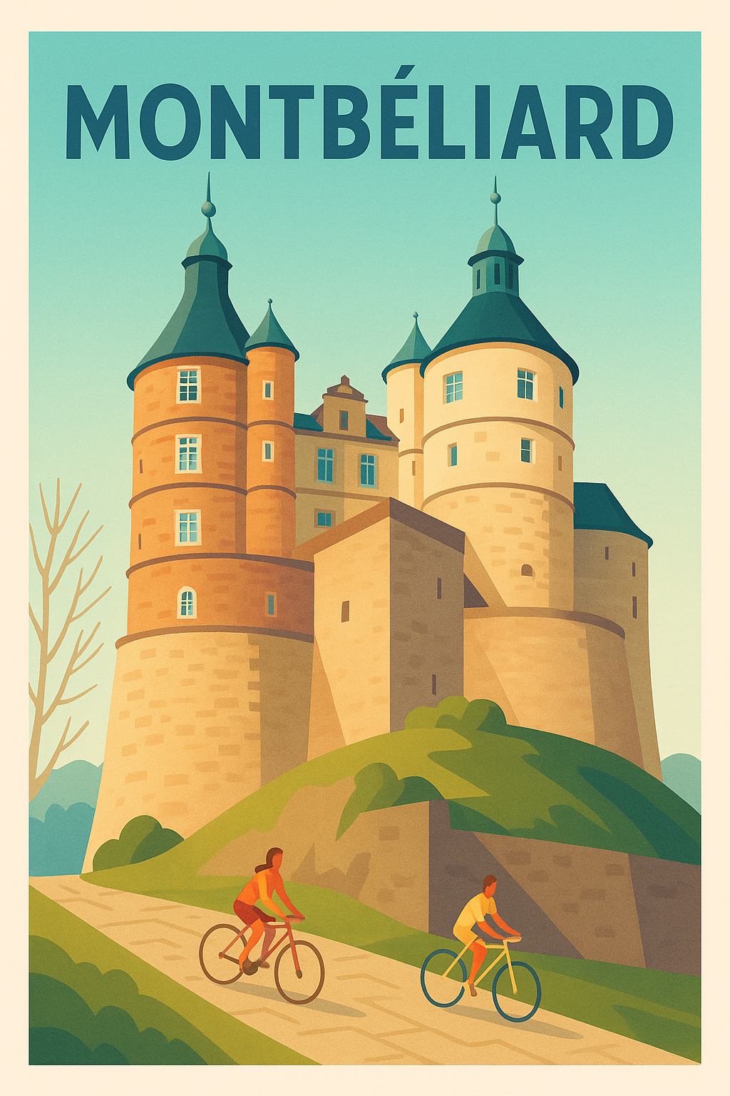 Affiche Montbéliard — À vélo au pied du Château emblématique · poster d'art de Montbéliard
