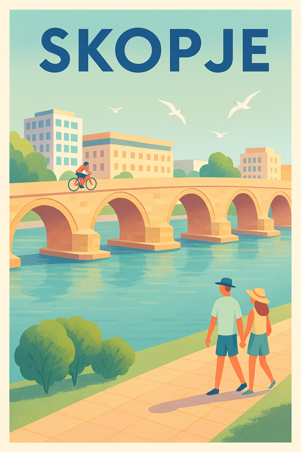 Affiche de Skopje - Promenade estivale au bord de la rivière