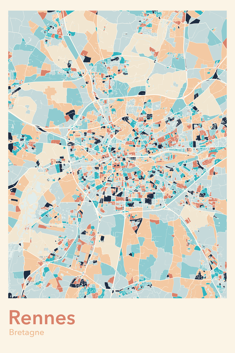 Plan de Rennes coloré - Carte personnalisée