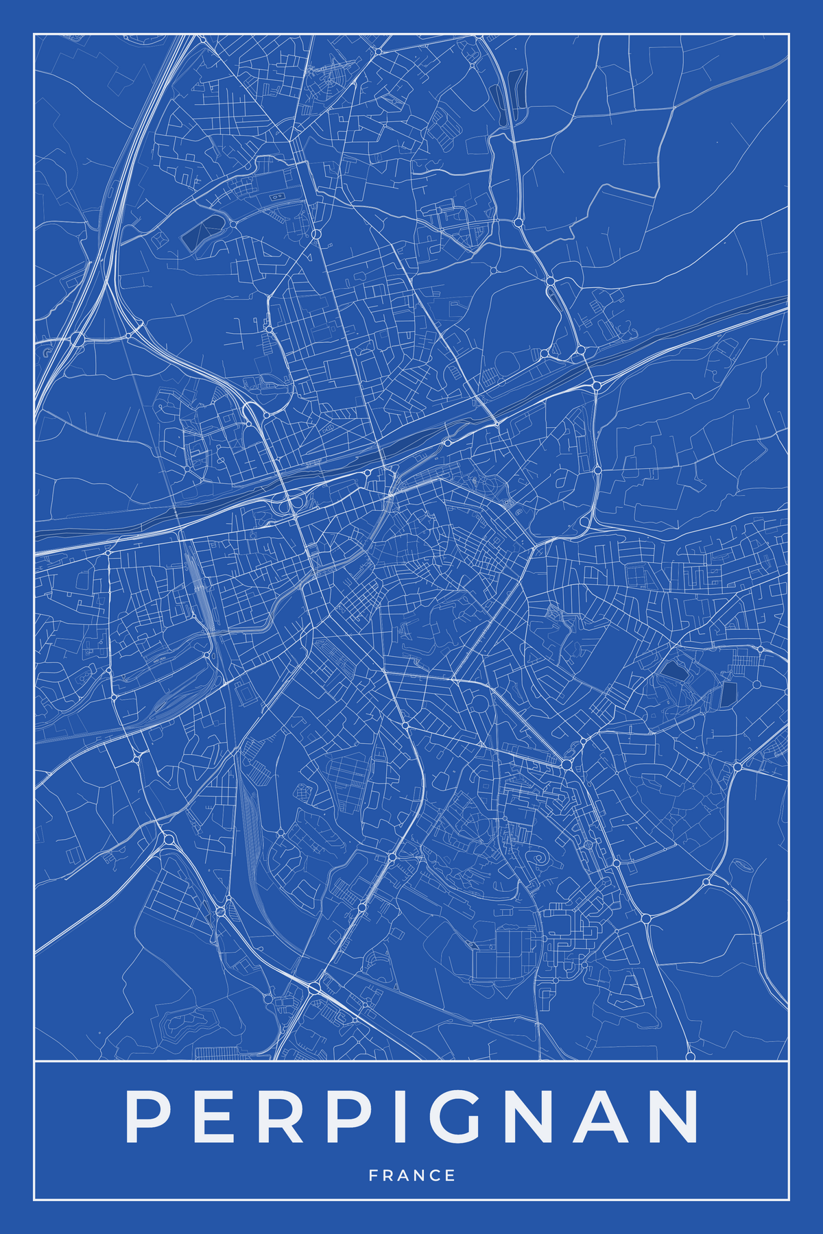 Carte de Perpignan bleue - Affiche personnalisée