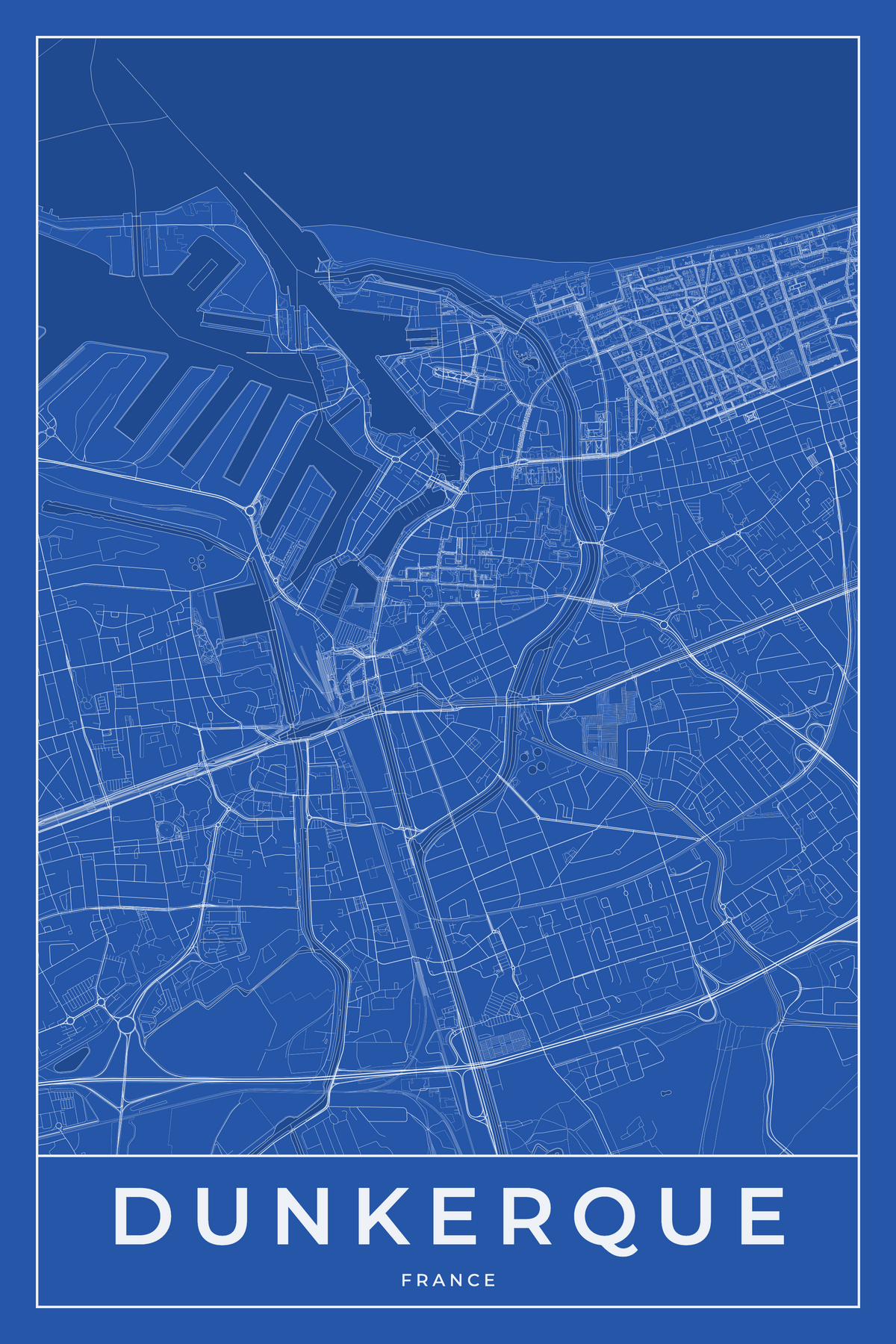 Carte de Dunkerque bleue - Affiche personnalisée