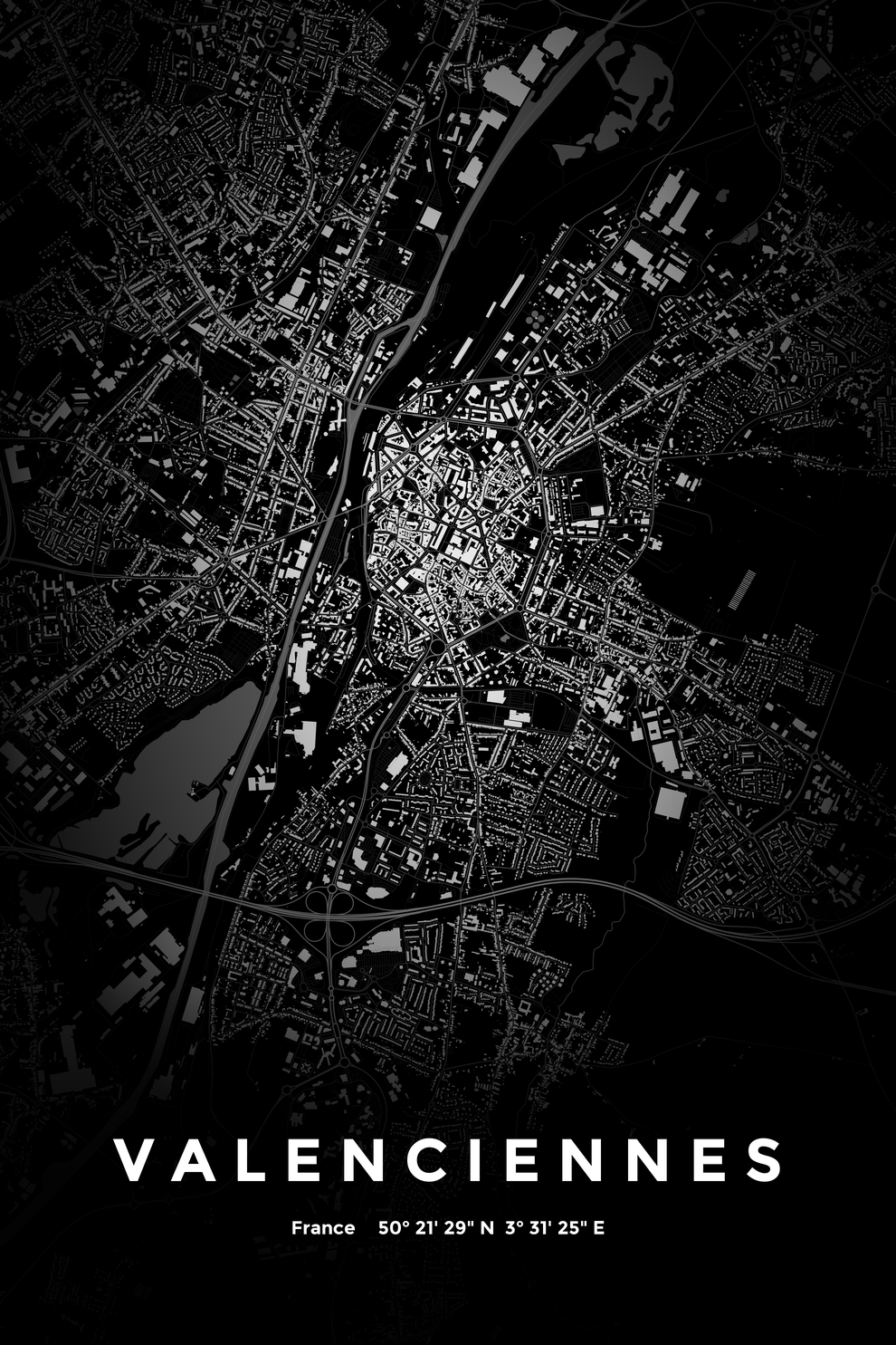 Carte de Valenciennes nuit - Affiche personnalisée