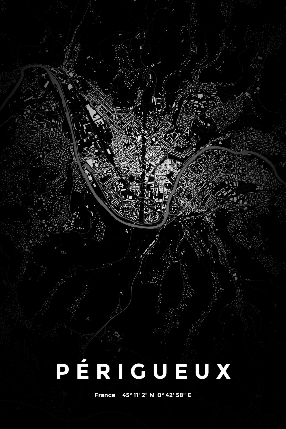 Carte de Périgueux nuit - Affiche personnalisée